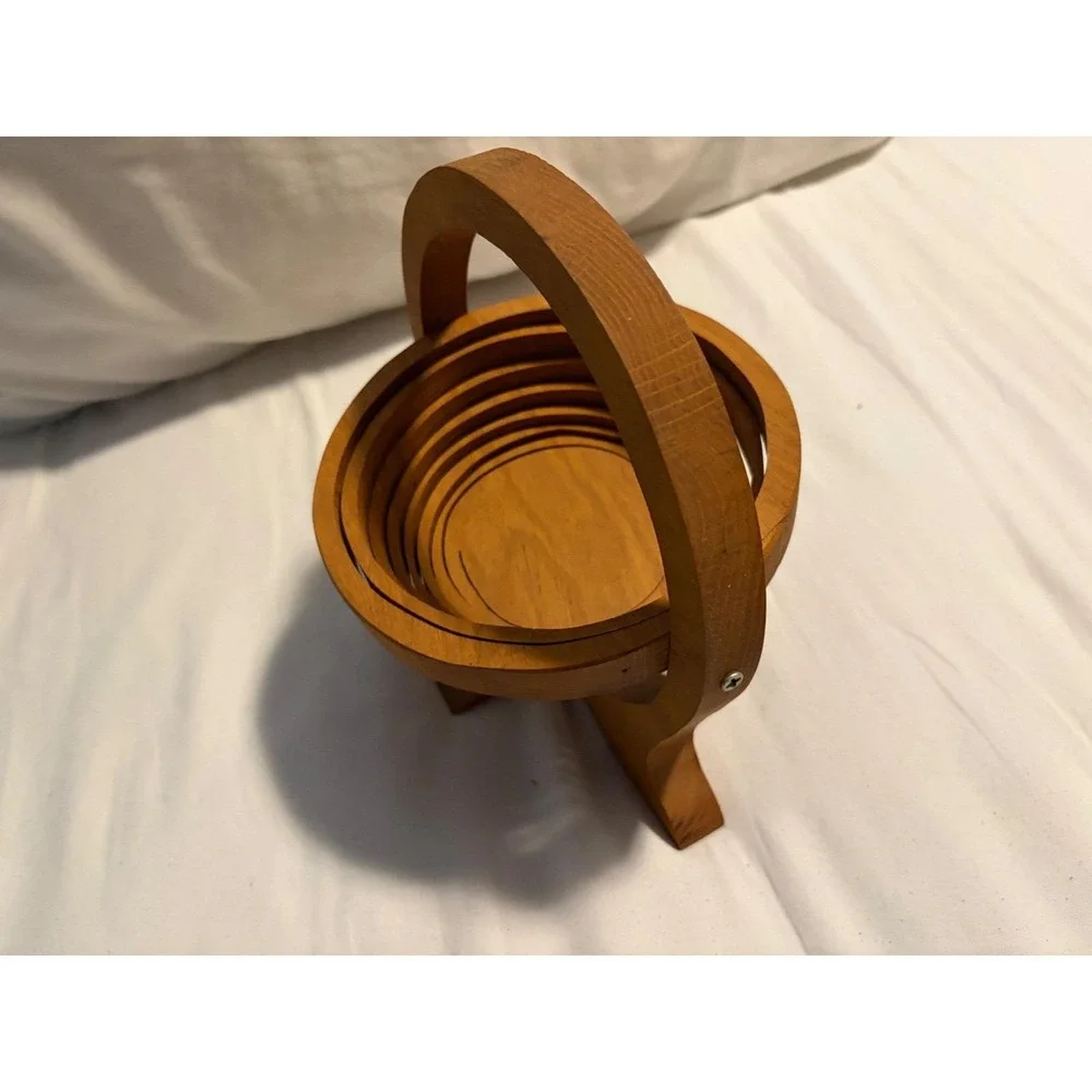 Vintage Collapsible Wooden Fruit Basket Spiral Cut Folding Bowl Trivet MCM